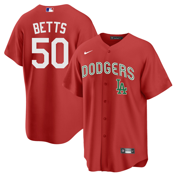 Men's Los Angeles Dodgers #50 Mookie Betts 2021 Mexican Heritage Red Stitched Baseball Jersey